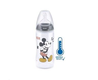 Kojenecká láhev na učení NUK Disney Mickey s kontrolou teploty 300 ml šedá