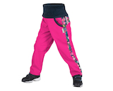 Unuo, Softshellové kalhoty s fleecem Street, Fuchsiová, Květinky (Softshell kids trousers Street, with fleece, flowers, fuchsia