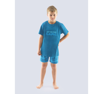 GINA dětské pyžamo krátké chlapecké, šité, s potiskem Pyžama 2021 69002P  - petrolejová dunaj 152/158