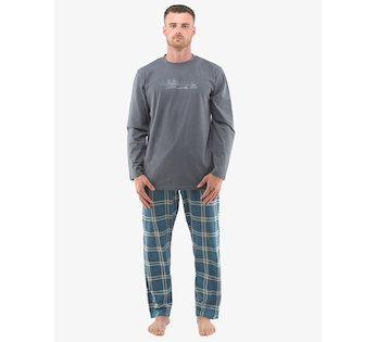 GINA pánské pyžamo dlouhé pánské, šité, s potiskem Pyžama 2022 79133P  - tm. šedá petrolejová L