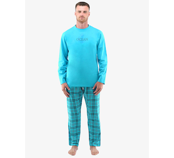 GINA pánské pyžamo dlouhé pánské, šité, s potiskem Pyžama 2022 79135P  - tyrkysová tm. šedá L
