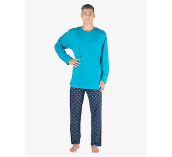 GINA pánské pyžamo dlouhé pánské, šité, s potiskem Pyžama 2023 79147P  - tyrkysová lékořice L
