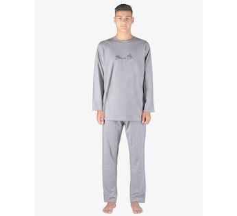 GINA pánské pyžamo dlouhé pánské, šité, s potiskem Pyžama 2023 79151P  - šedá tm. šedá L