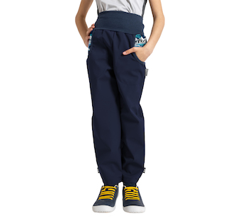 Unuo, Dětské softshellové kalhoty s fleecem Basic, Tm. Modročerná, Tučňáci Velikost: 116/122