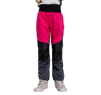 Unuo, Dětské softshellové kalhoty s fleecem pružné Flexi, Tm. Šedá, Fuchsiová Velikost: 122/128