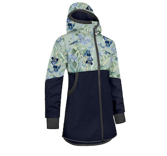 Unuo, Dívčí softshellový kabát s fleecem Street, Tm. Modročerná, Ptáčci s kosatci Velikost: 104/110